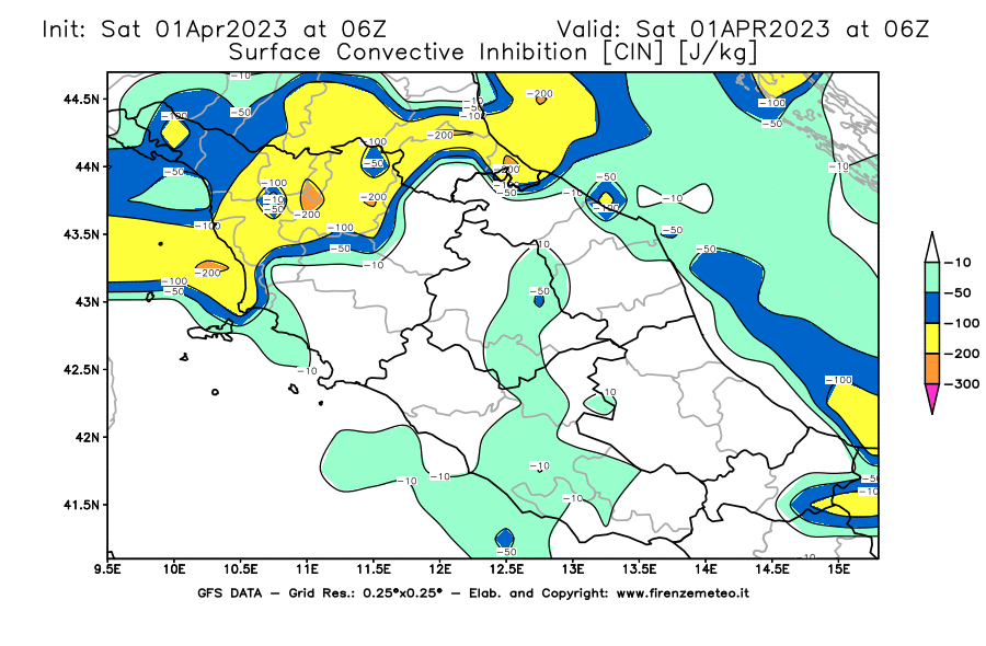 Mappa di analisi GFS - CIN [J/kg] in Centro-Italia
							del 01/04/2023 06 <!--googleoff: index-->UTC<!--googleon: index-->