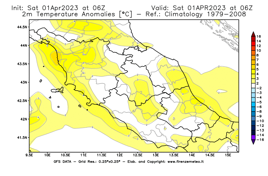 Mappa di analisi GFS - Anomalia Temperatura [°C] a 2 m in Centro-Italia
							del 01/04/2023 06 <!--googleoff: index-->UTC<!--googleon: index-->