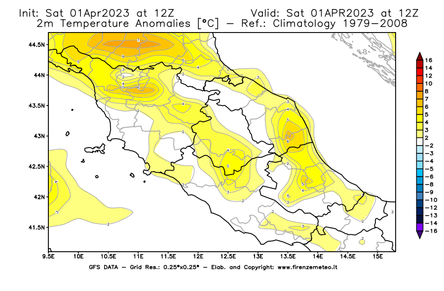 Mappa di analisi GFS - Anomalia Temperatura [°C] a 2 m in Centro-Italia
							del 01/04/2023 12 <!--googleoff: index-->UTC<!--googleon: index-->