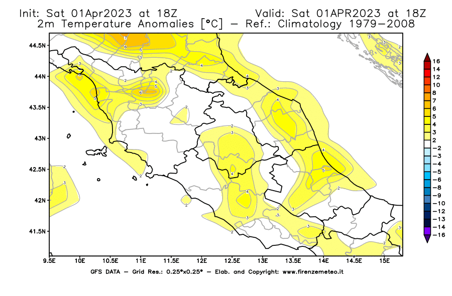 Mappa di analisi GFS - Anomalia Temperatura [°C] a 2 m in Centro-Italia
							del 01/04/2023 18 <!--googleoff: index-->UTC<!--googleon: index-->
