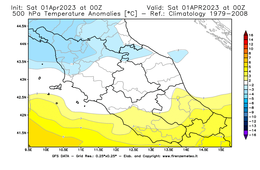 Mappa di analisi GFS - Anomalia Temperatura [°C] a 500 hPa in Centro-Italia
							del 01/04/2023 00 <!--googleoff: index-->UTC<!--googleon: index-->