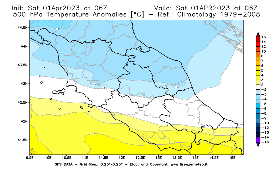 GFS analysi map - Temperature Anomalies [°C] at 500 hPa in Central Italy
									on 01/04/2023 06 <!--googleoff: index-->UTC<!--googleon: index-->