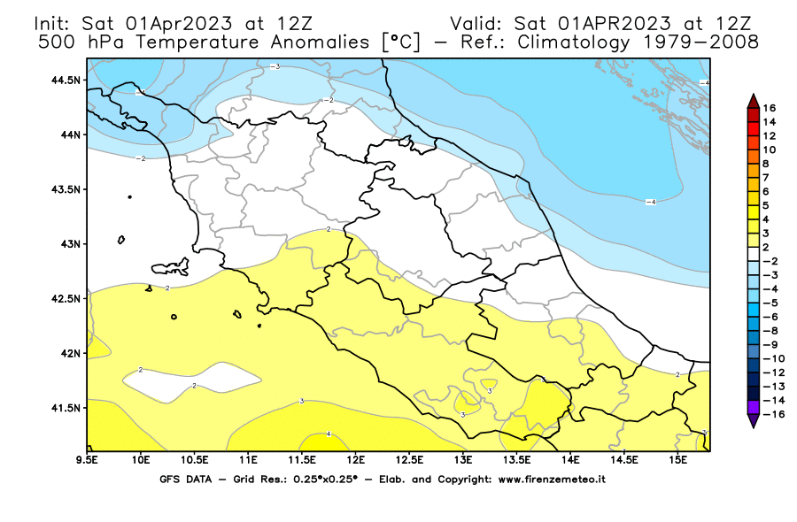 Mappa di analisi GFS - Anomalia Temperatura [°C] a 500 hPa in Centro-Italia
							del 01/04/2023 12 <!--googleoff: index-->UTC<!--googleon: index-->