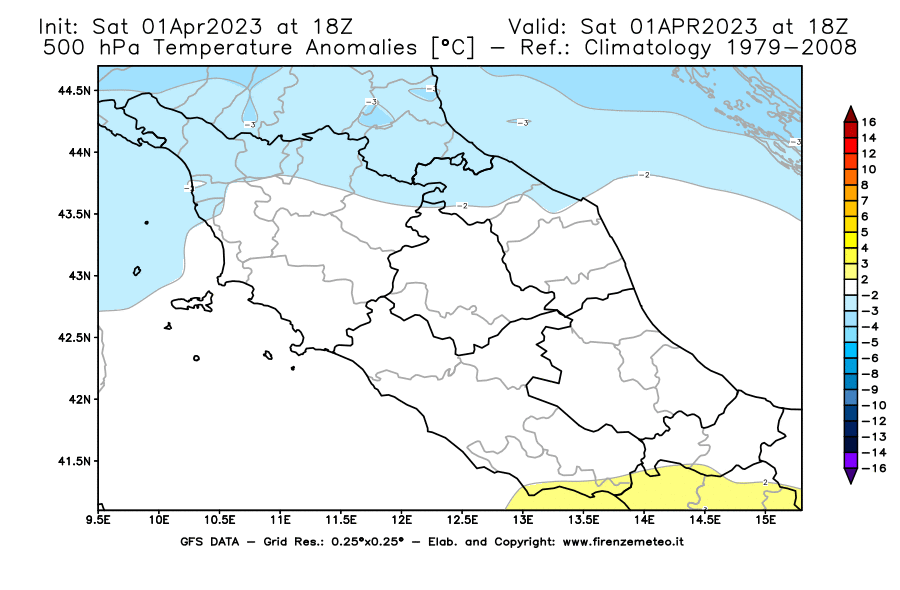 GFS analysi map - Temperature Anomalies [°C] at 500 hPa in Central Italy
									on 01/04/2023 18 <!--googleoff: index-->UTC<!--googleon: index-->