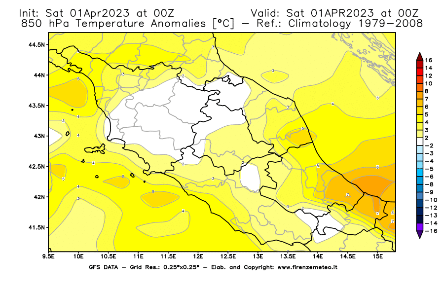 Mappa di analisi GFS - Anomalia Temperatura [°C] a 850 hPa in Centro-Italia
							del 01/04/2023 00 <!--googleoff: index-->UTC<!--googleon: index-->