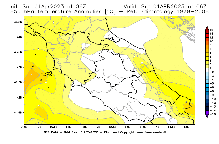 Mappa di analisi GFS - Anomalia Temperatura [°C] a 850 hPa in Centro-Italia
							del 01/04/2023 06 <!--googleoff: index-->UTC<!--googleon: index-->