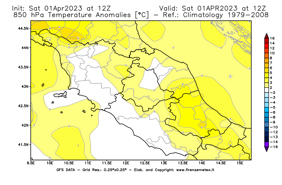 GFS analysi map - Temperature Anomalies [°C] at 850 hPa in Central Italy
									on 01/04/2023 12 <!--googleoff: index-->UTC<!--googleon: index-->