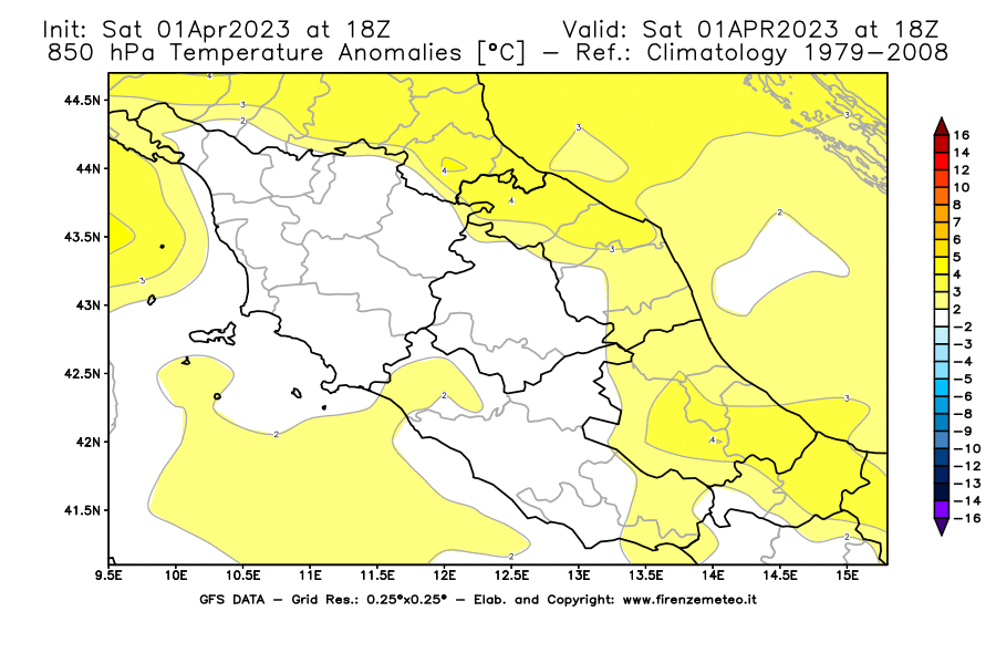 GFS analysi map - Temperature Anomalies [°C] at 850 hPa in Central Italy
									on 01/04/2023 18 <!--googleoff: index-->UTC<!--googleon: index-->