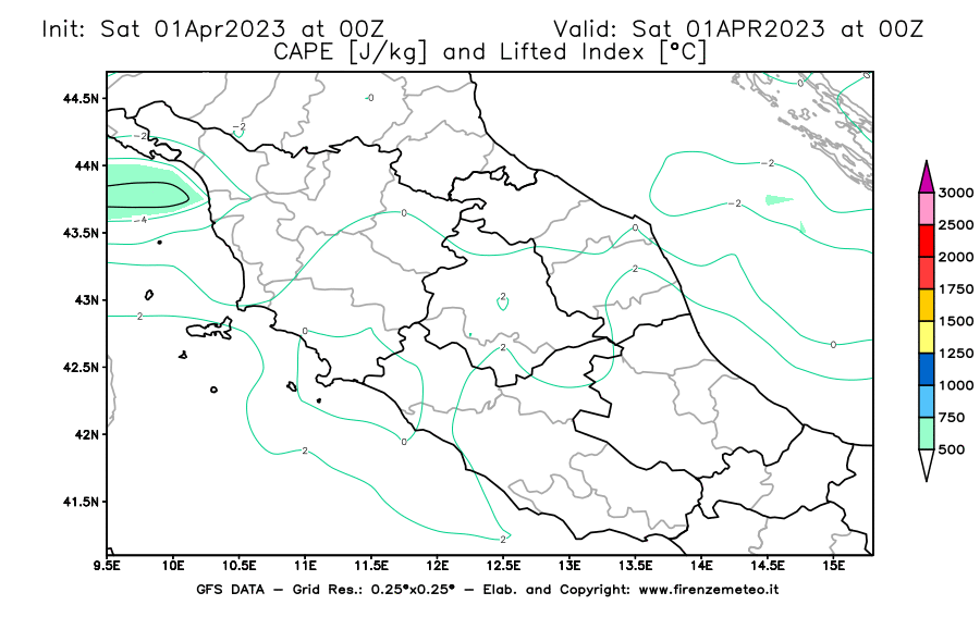 GFS analysi map - CAPE [J/kg] and Lifted Index [°C] in Central Italy
									on 01/04/2023 00 <!--googleoff: index-->UTC<!--googleon: index-->