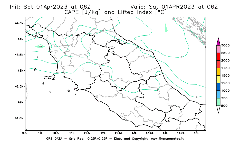 Mappa di analisi GFS - CAPE [J/kg] e Lifted Index [°C] in Centro-Italia
							del 01/04/2023 06 <!--googleoff: index-->UTC<!--googleon: index-->