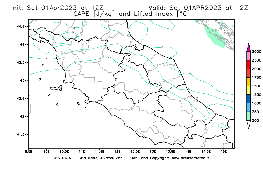 GFS analysi map - CAPE [J/kg] and Lifted Index [°C] in Central Italy
									on 01/04/2023 12 <!--googleoff: index-->UTC<!--googleon: index-->