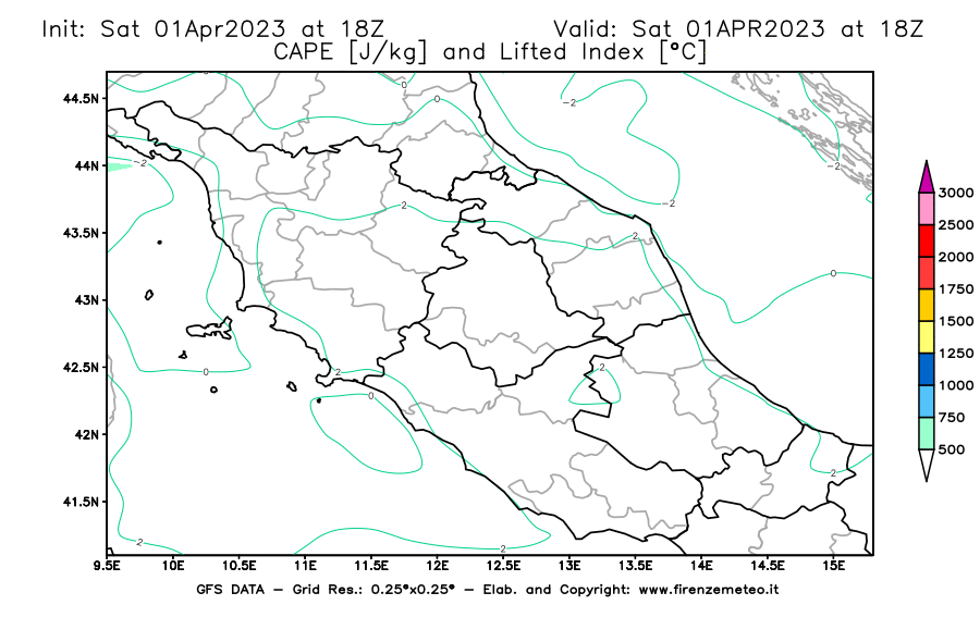 Mappa di analisi GFS - CAPE [J/kg] e Lifted Index [°C] in Centro-Italia
							del 01/04/2023 18 <!--googleoff: index-->UTC<!--googleon: index-->
