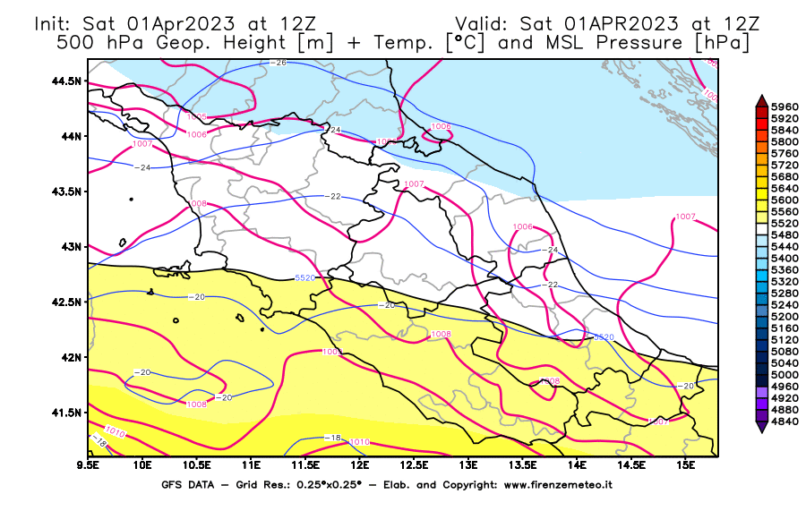 GFS analysi map - Geopotential [m] + Temp. [°C] at 500 hPa + Sea Level Pressure [hPa] in Central Italy
									on 01/04/2023 12 <!--googleoff: index-->UTC<!--googleon: index-->