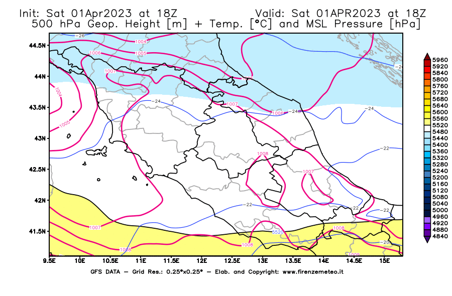 Mappa di analisi GFS - Geopotenziale [m] + Temp. [°C] a 500 hPa + Press. a livello del mare [hPa] in Centro-Italia
							del 01/04/2023 18 <!--googleoff: index-->UTC<!--googleon: index-->
