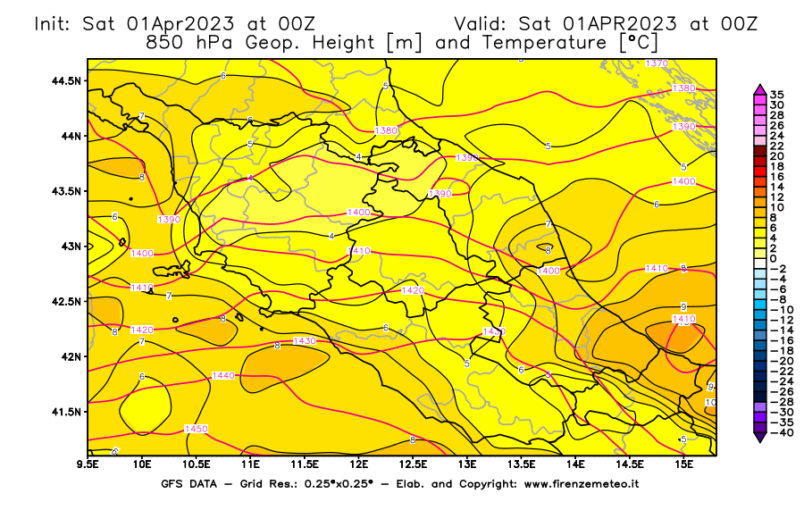 Mappa di analisi GFS - Geopotenziale [m] e Temperatura [°C] a 850 hPa in Centro-Italia
							del 01/04/2023 00 <!--googleoff: index-->UTC<!--googleon: index-->