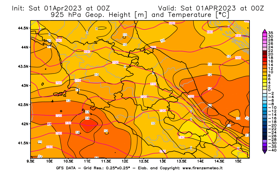 Mappa di analisi GFS - Geopotenziale [m] e Temperatura [°C] a 925 hPa in Centro-Italia
							del 01/04/2023 00 <!--googleoff: index-->UTC<!--googleon: index-->