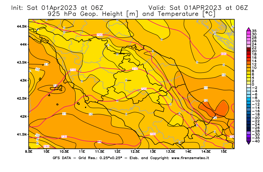 Mappa di analisi GFS - Geopotenziale [m] e Temperatura [°C] a 925 hPa in Centro-Italia
							del 01/04/2023 06 <!--googleoff: index-->UTC<!--googleon: index-->