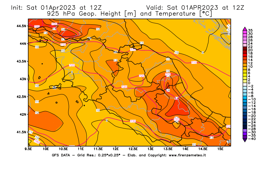 GFS analysi map - Geopotential [m] and Temperature [°C] at 925 hPa in Central Italy
									on 01/04/2023 12 <!--googleoff: index-->UTC<!--googleon: index-->
