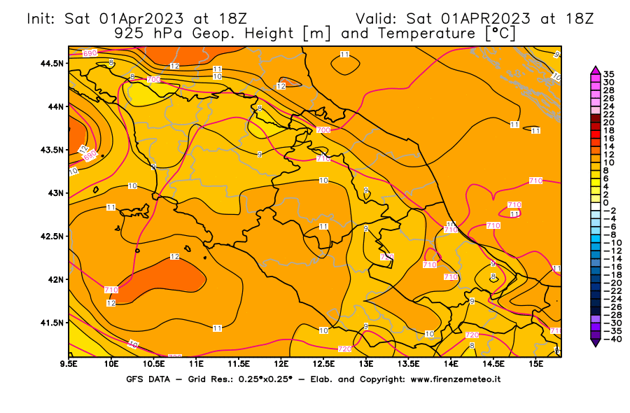 GFS analysi map - Geopotential [m] and Temperature [°C] at 925 hPa in Central Italy
									on 01/04/2023 18 <!--googleoff: index-->UTC<!--googleon: index-->