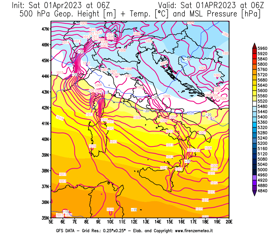 GFS analysi map - Geopotential [m] + Temp. [°C] at 500 hPa + Sea Level Pressure [hPa] in Italy
									on 01/04/2023 06 <!--googleoff: index-->UTC<!--googleon: index-->