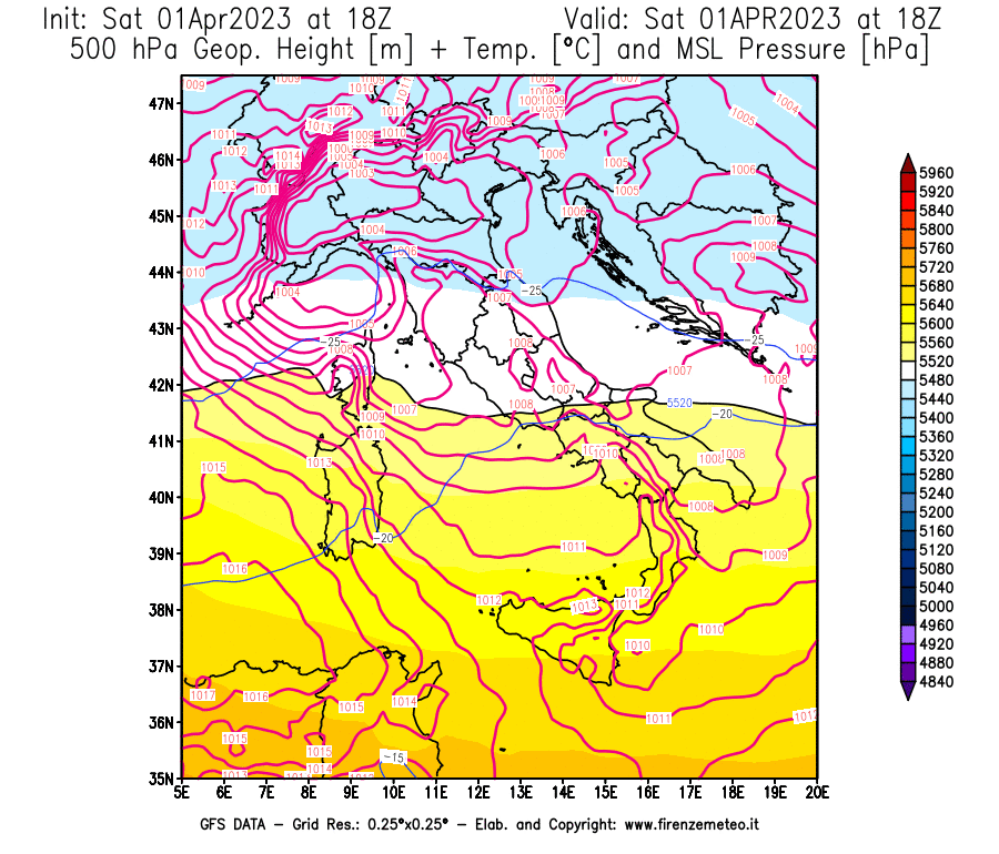 GFS analysi map - Geopotential [m] + Temp. [°C] at 500 hPa + Sea Level Pressure [hPa] in Italy
									on 01/04/2023 18 <!--googleoff: index-->UTC<!--googleon: index-->