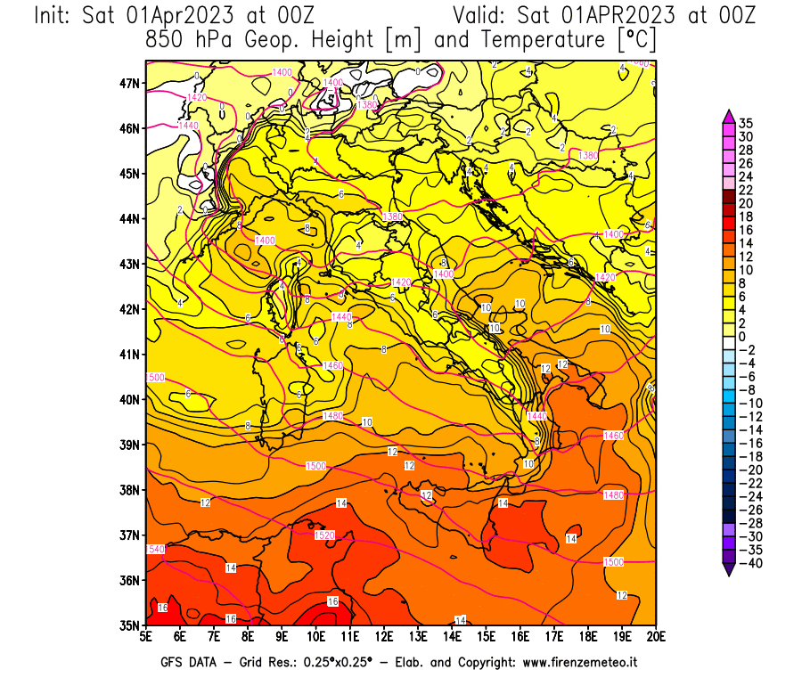 Mappa di analisi GFS - Geopotenziale [m] e Temperatura [°C] a 850 hPa in Italia
							del 01/04/2023 00 <!--googleoff: index-->UTC<!--googleon: index-->