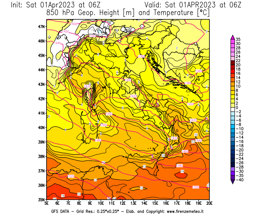 GFS analysi map - Geopotential [m] and Temperature [°C] at 850 hPa in Italy
									on 01/04/2023 06 <!--googleoff: index-->UTC<!--googleon: index-->