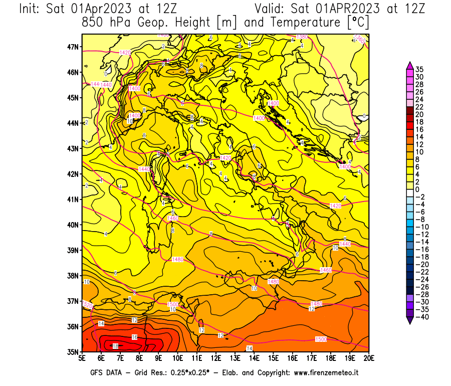 Mappa di analisi GFS - Geopotenziale [m] e Temperatura [°C] a 850 hPa in Italia
							del 01/04/2023 12 <!--googleoff: index-->UTC<!--googleon: index-->