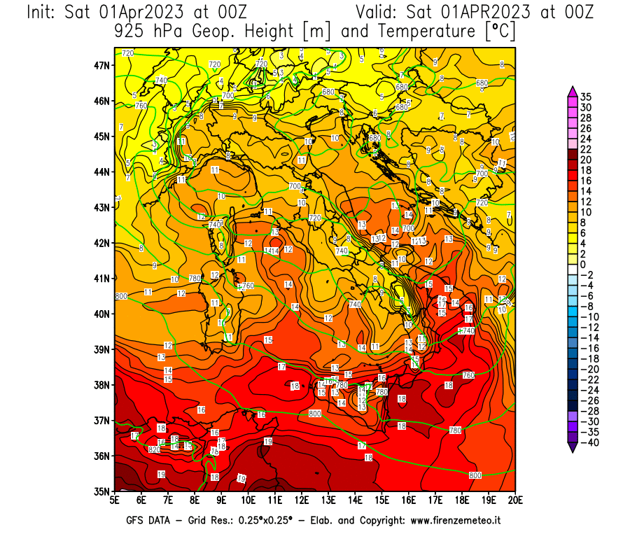 Mappa di analisi GFS - Geopotenziale [m] e Temperatura [°C] a 925 hPa in Italia
							del 01/04/2023 00 <!--googleoff: index-->UTC<!--googleon: index-->