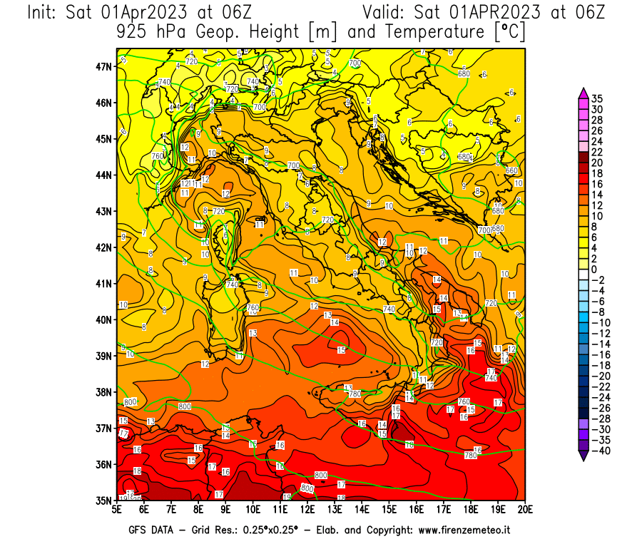 Mappa di analisi GFS - Geopotenziale [m] e Temperatura [°C] a 925 hPa in Italia
							del 01/04/2023 06 <!--googleoff: index-->UTC<!--googleon: index-->