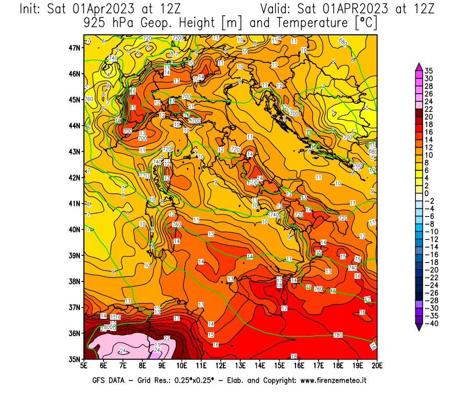 Mappa di analisi GFS - Geopotenziale [m] e Temperatura [°C] a 925 hPa in Italia
							del 01/04/2023 12 <!--googleoff: index-->UTC<!--googleon: index-->
