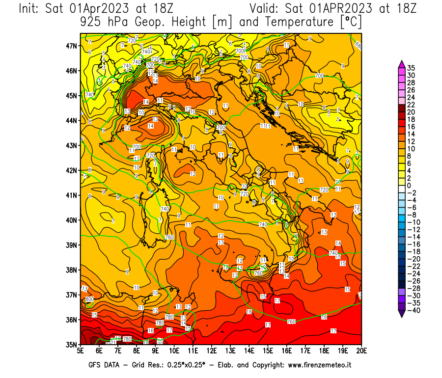 Mappa di analisi GFS - Geopotenziale [m] e Temperatura [°C] a 925 hPa in Italia
							del 01/04/2023 18 <!--googleoff: index-->UTC<!--googleon: index-->
