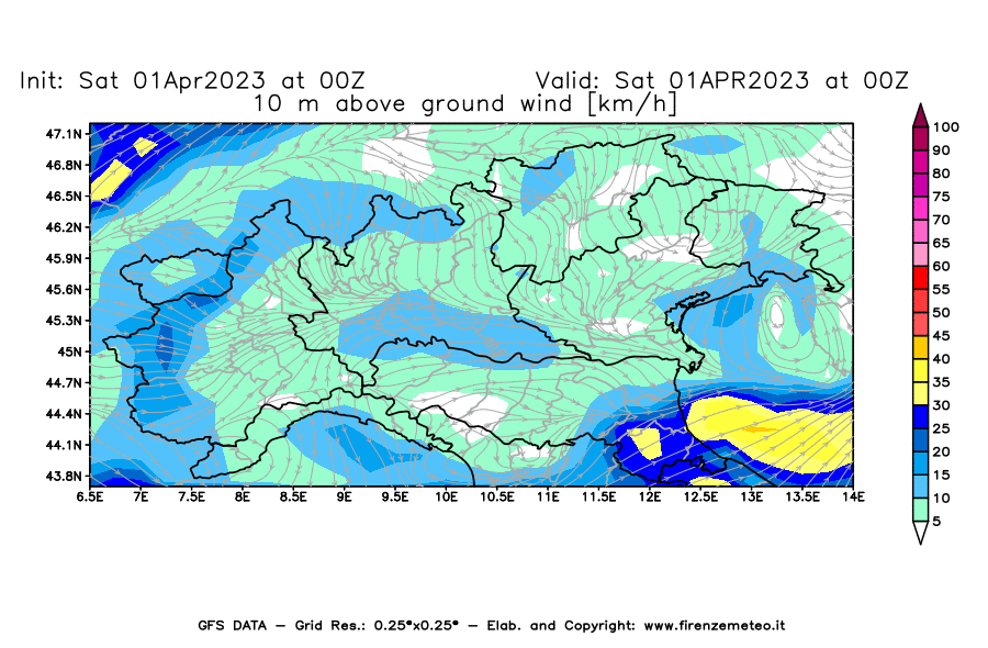Mappa di analisi GFS - Velocità del vento a 10 metri dal suolo [km/h] in Nord-Italia
							del 01/04/2023 00 <!--googleoff: index-->UTC<!--googleon: index-->