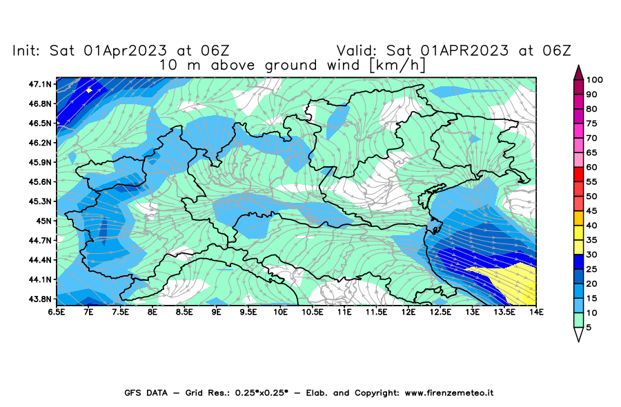 Mappa di analisi GFS - Velocità del vento a 10 metri dal suolo [km/h] in Nord-Italia
							del 01/04/2023 06 <!--googleoff: index-->UTC<!--googleon: index-->