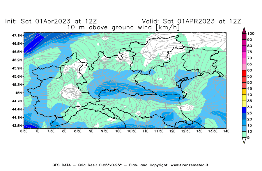 Mappa di analisi GFS - Velocità del vento a 10 metri dal suolo [km/h] in Nord-Italia
							del 01/04/2023 12 <!--googleoff: index-->UTC<!--googleon: index-->