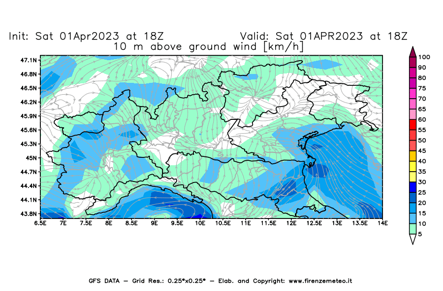 Mappa di analisi GFS - Velocità del vento a 10 metri dal suolo [km/h] in Nord-Italia
							del 01/04/2023 18 <!--googleoff: index-->UTC<!--googleon: index-->