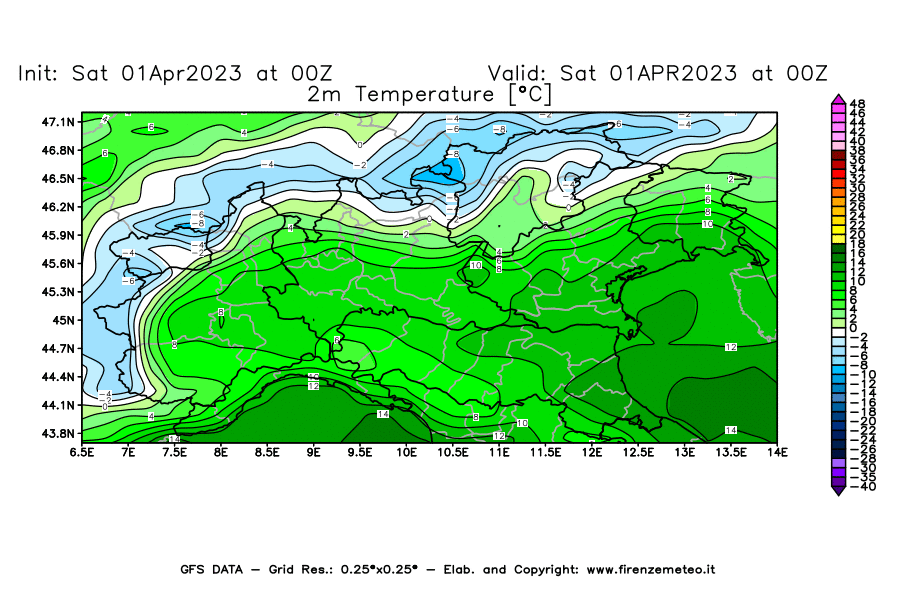 GFS analysi map - Temperature at 2 m above ground [°C] in Northern Italy
									on 01/04/2023 00 <!--googleoff: index-->UTC<!--googleon: index-->