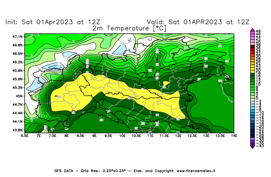 GFS analysi map - Temperature at 2 m above ground [°C] in Northern Italy
									on 01/04/2023 12 <!--googleoff: index-->UTC<!--googleon: index-->