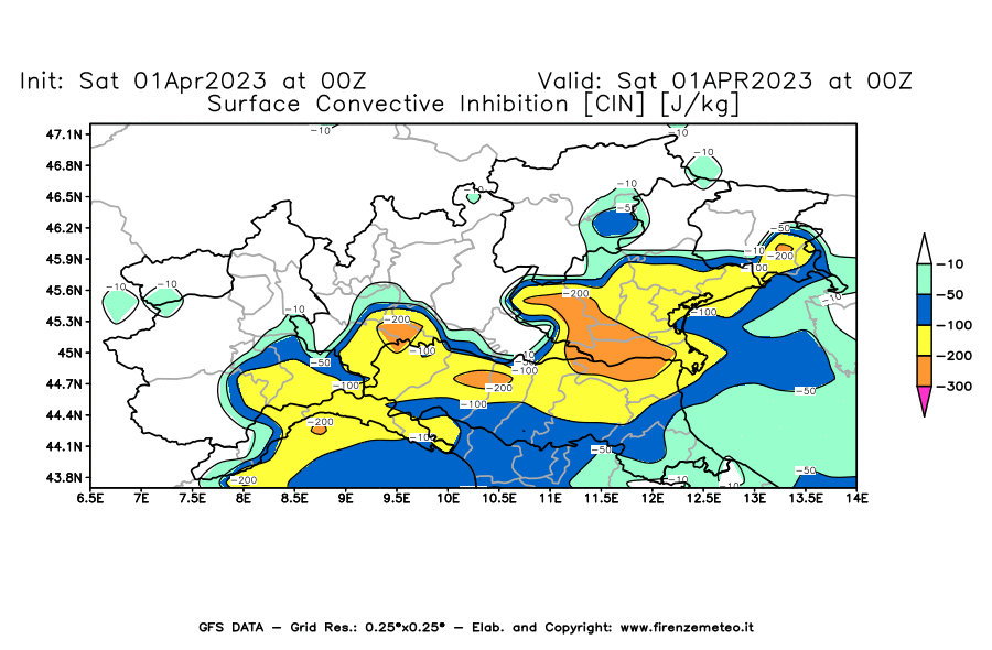 GFS analysi map - CIN [J/kg] in Northern Italy
									on 01/04/2023 00 <!--googleoff: index-->UTC<!--googleon: index-->