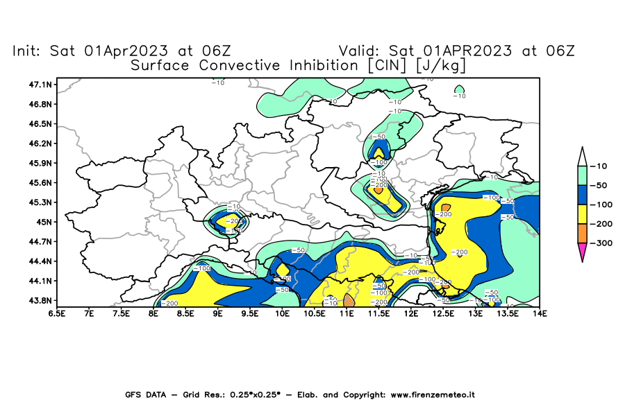 Mappa di analisi GFS - CIN [J/kg] in Nord-Italia
							del 01/04/2023 06 <!--googleoff: index-->UTC<!--googleon: index-->