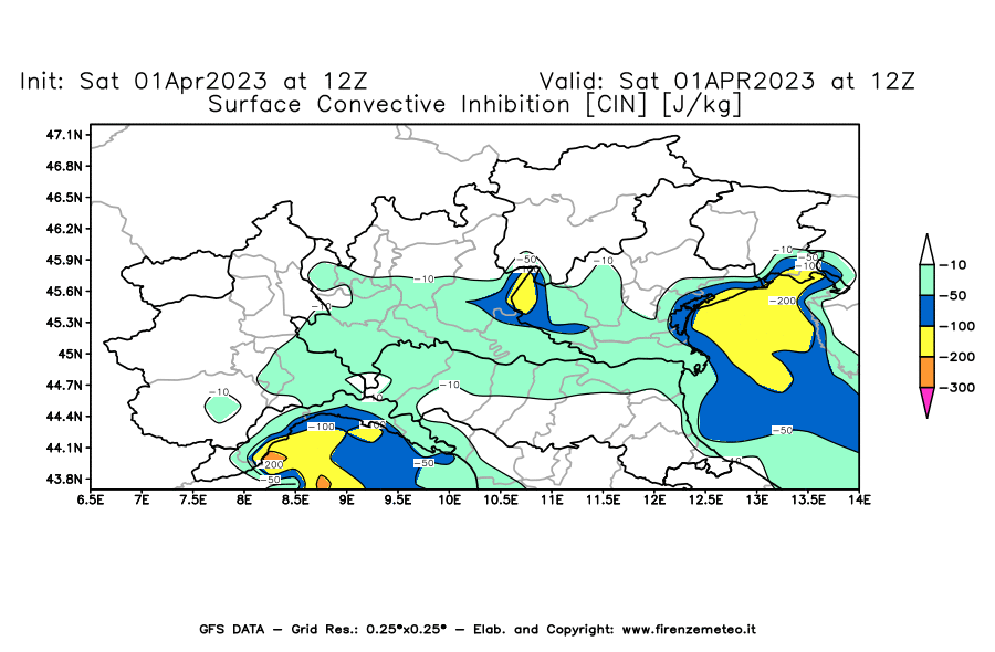 Mappa di analisi GFS - CIN [J/kg] in Nord-Italia
							del 01/04/2023 12 <!--googleoff: index-->UTC<!--googleon: index-->