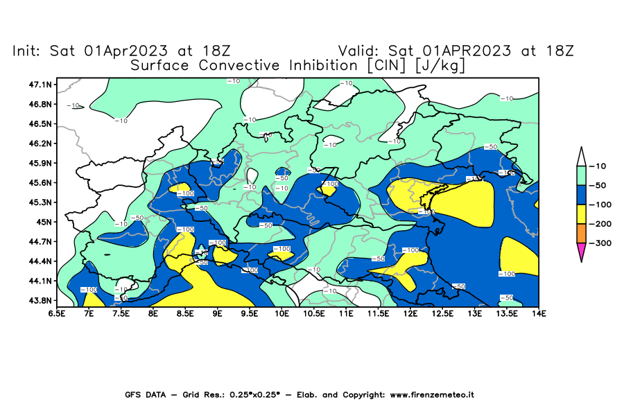GFS analysi map - CIN [J/kg] in Northern Italy
									on 01/04/2023 18 <!--googleoff: index-->UTC<!--googleon: index-->