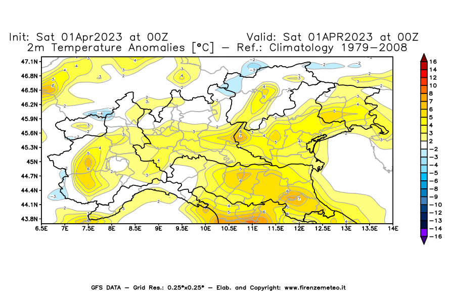 GFS analysi map - Temperature Anomalies [°C] at 2 m in Northern Italy
									on 01/04/2023 00 <!--googleoff: index-->UTC<!--googleon: index-->