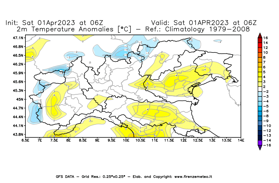 Mappa di analisi GFS - Anomalia Temperatura [°C] a 2 m in Nord-Italia
							del 01/04/2023 06 <!--googleoff: index-->UTC<!--googleon: index-->
