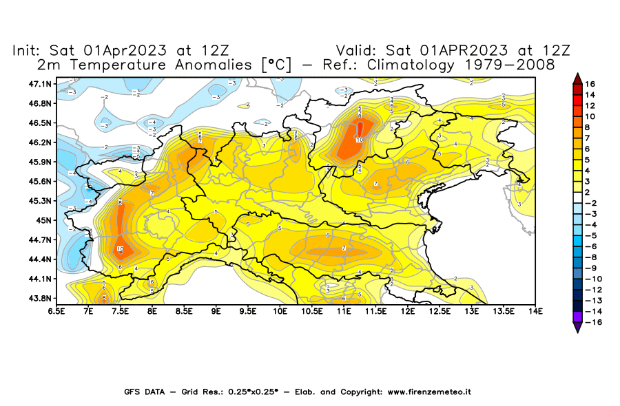 Mappa di analisi GFS - Anomalia Temperatura [°C] a 2 m in Nord-Italia
							del 01/04/2023 12 <!--googleoff: index-->UTC<!--googleon: index-->