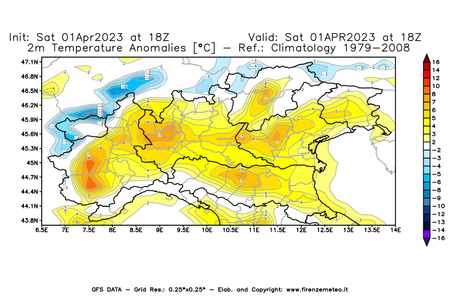 GFS analysi map - Temperature Anomalies [°C] at 2 m in Northern Italy
									on 01/04/2023 18 <!--googleoff: index-->UTC<!--googleon: index-->