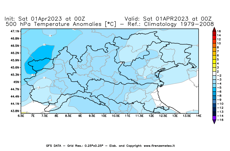 GFS analysi map - Temperature Anomalies [°C] at 500 hPa in Northern Italy
									on 01/04/2023 00 <!--googleoff: index-->UTC<!--googleon: index-->