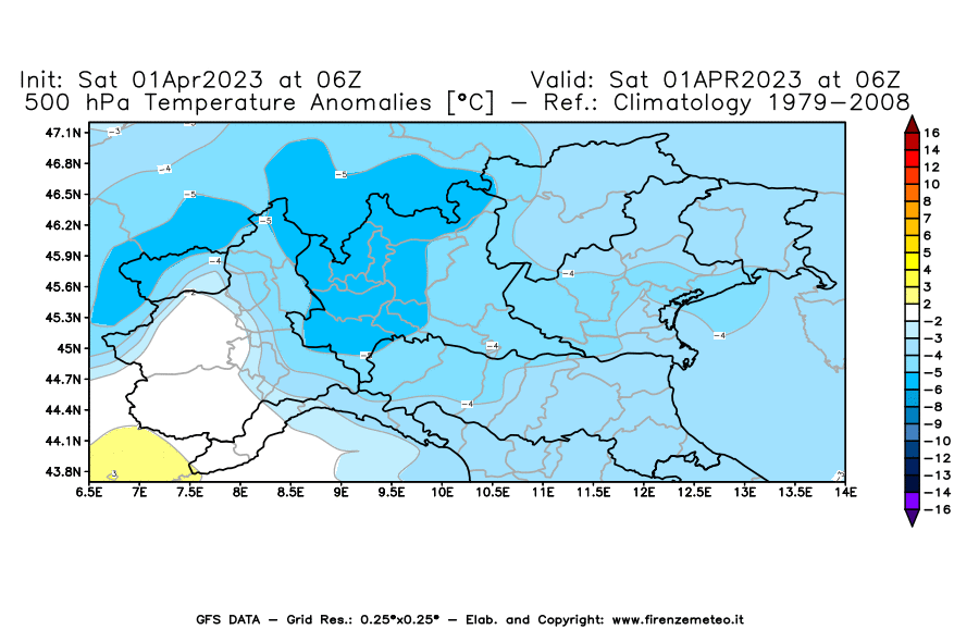 GFS analysi map - Temperature Anomalies [°C] at 500 hPa in Northern Italy
									on 01/04/2023 06 <!--googleoff: index-->UTC<!--googleon: index-->
