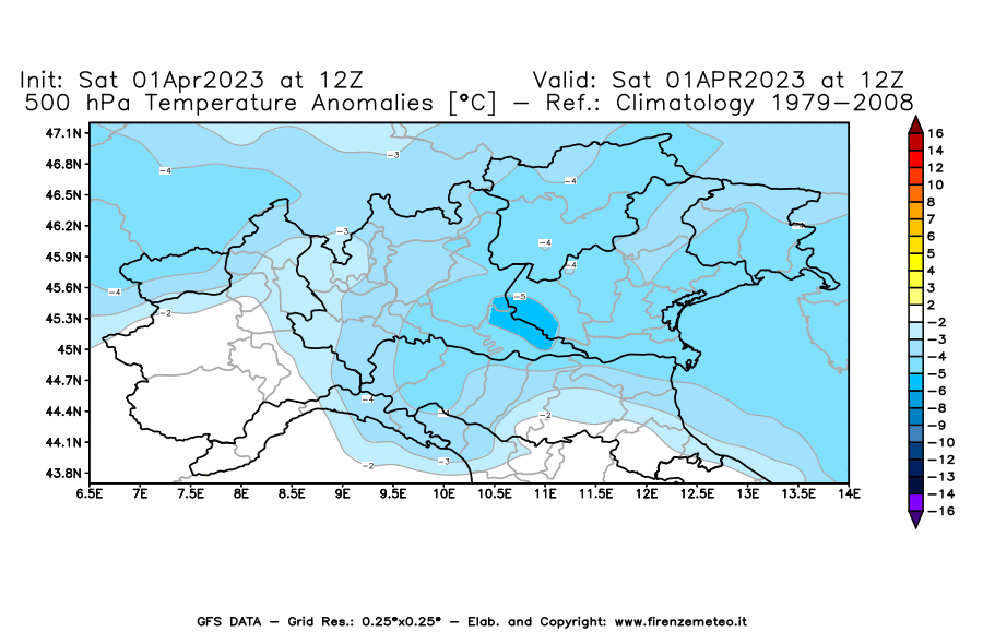 GFS analysi map - Temperature Anomalies [°C] at 500 hPa in Northern Italy
									on 01/04/2023 12 <!--googleoff: index-->UTC<!--googleon: index-->