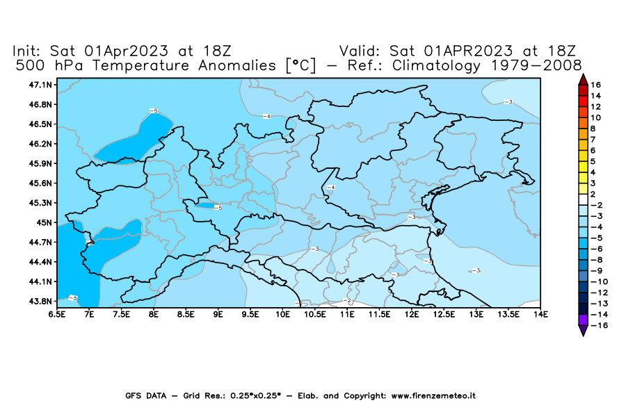 GFS analysi map - Temperature Anomalies [°C] at 500 hPa in Northern Italy
									on 01/04/2023 18 <!--googleoff: index-->UTC<!--googleon: index-->
